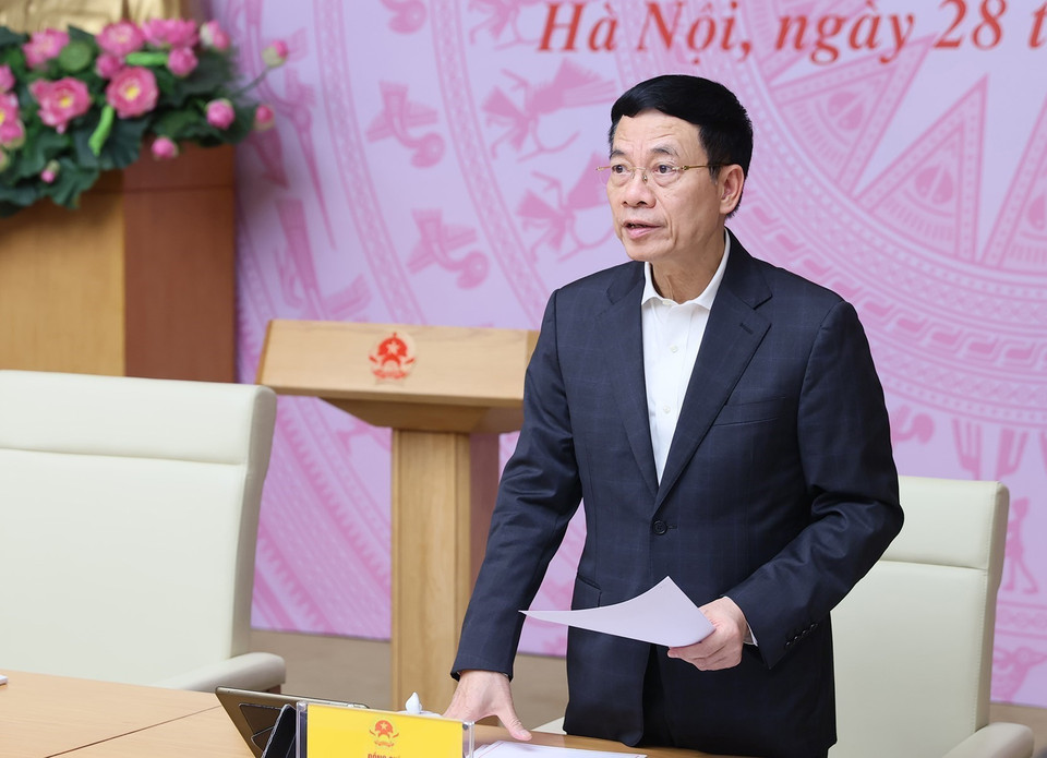 Bộ trưởng Bộ Thông tin và Truyền thông Nguyễn Mạnh Hùng phát biểu. (Ảnh: Dương Giang/TTXVN)