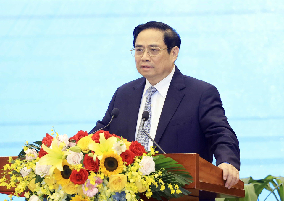 Thủ tướng Chính phủ Phạm Minh Chính, Phó trưởng Ban Chỉ đạo phát biểu khai mạc hội thảo. (Ảnh: Thống Nhất/TTXVN)