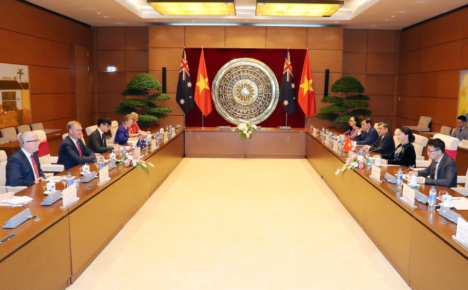 Chủ tịch Quốc hội Nguyễn Thị Kim Ngân hội đàm với Chủ tịch Hạ viện Australia Tony Smith. (Ảnh: Trọng Đức/TTXVN)