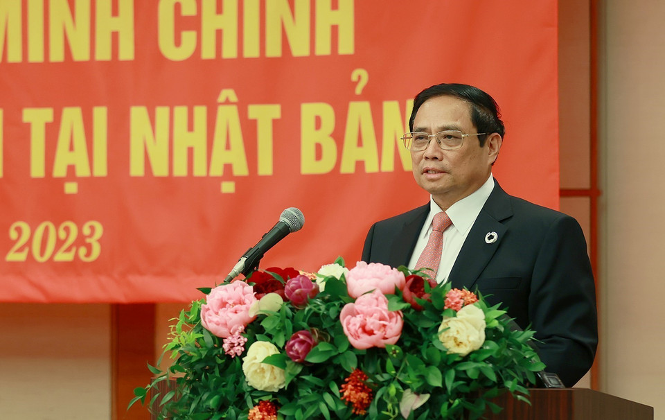 Thủ tướng Phạm Minh Chính phát biểu tại buổi gặp cộng đồng người Việt Nam tại Nhật Bản. (Ảnh: Dương Giang/TTXVN)