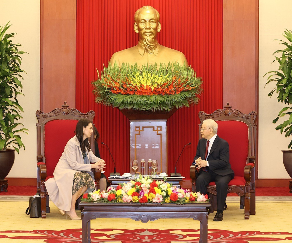 Tổng Bí thư Nguyễn Phú Trọng tiếp Thủ tướng New Zealand Jacinda Ardern. (Ảnh: Trí Dũng/TTXVN)