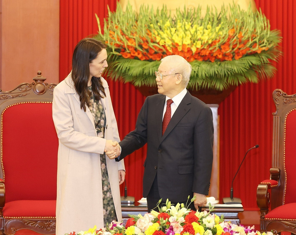 Tổng Bí thư Nguyễn Phú Trọng tiếp Thủ tướng New Zealand Jacinda Ardern. (Ảnh: Trí Dũng/TTXVN)