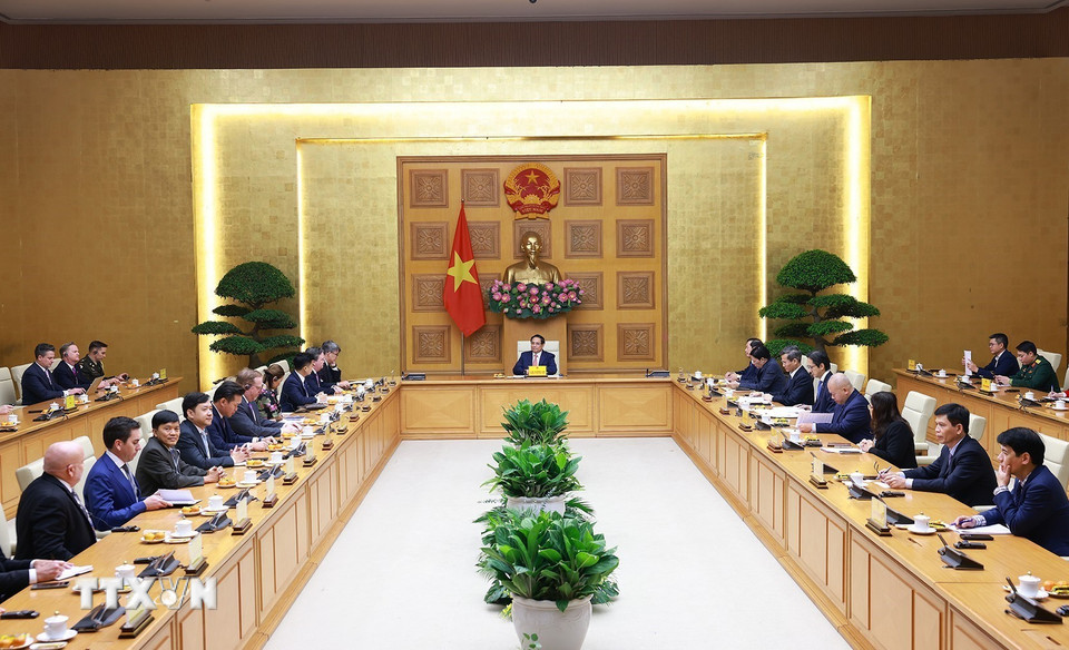 Thủ tướng Phạm Minh Chính tiếp Đoàn doanh nghiệp của Hội đồng Kinh doanh Hoa Kỳ-ASEAN (USABC). (Ảnh: Dương Giang/TTXVN)