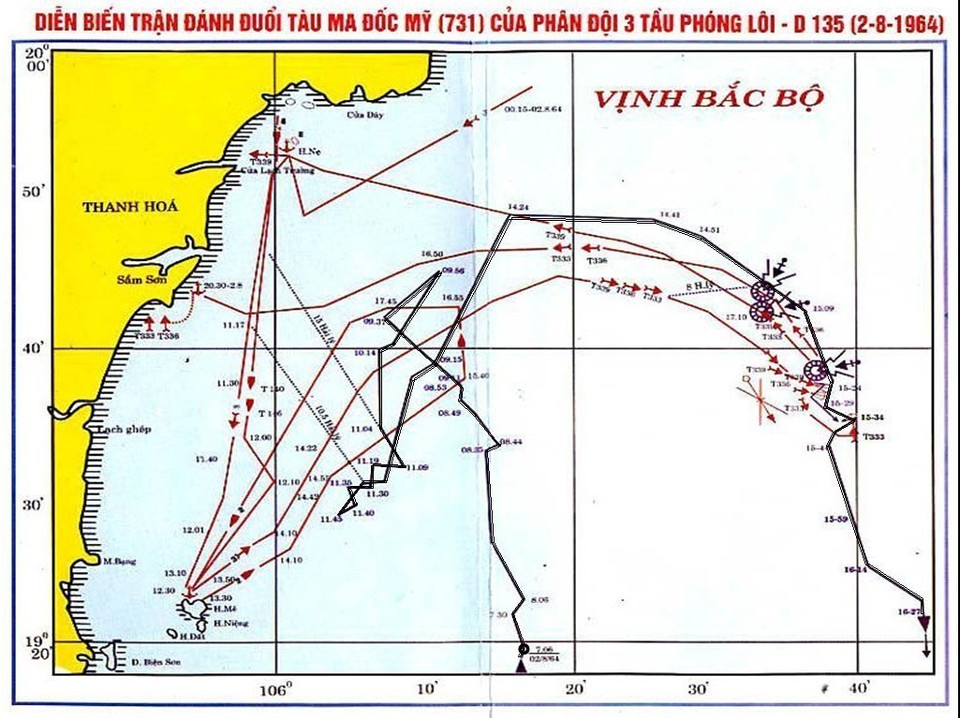 Sơ đồ diễn biến trận đánh tàu Ma-đốc Mỹ (số hiệu 731) của Phân đội 3 Tiểu đoàn 135 ngày 2/8/1964. (Ảnh: Tư liệu Quân chủng Hải quân cung cấp/TTXVN phát)