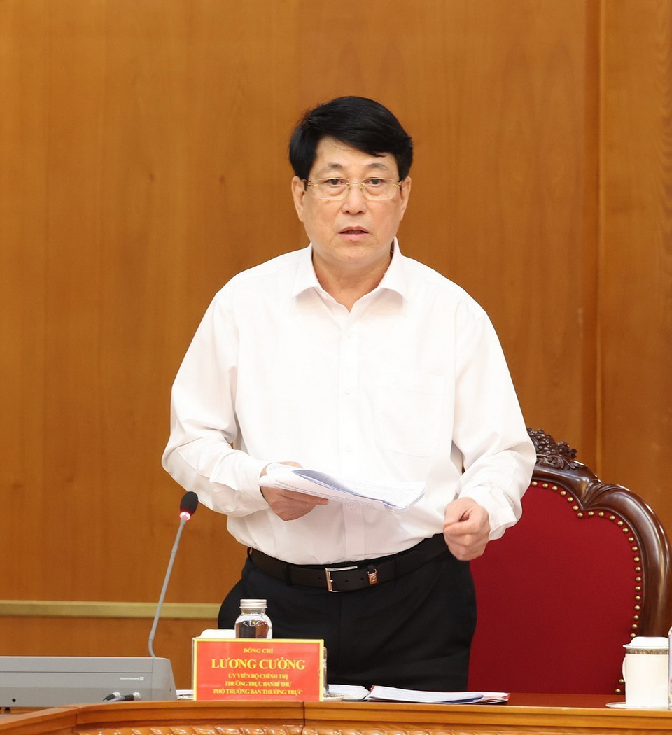 Đồng chí Lương Cường, Ủy viên Bộ Chính trị, Thường trực Ban Bí thư, Phó Trưởng Ban Thường trực Ban chỉ đạo phát biểu. (Ảnh: Trí Dũng/TTXVN)