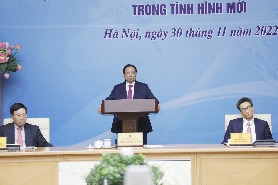 Thủ tướng Phạm Minh Chính chủ trì Hội nghị Tổng kết công tác ngoại giao vaccine. (Ảnh: Dương Giang/TTXVN)