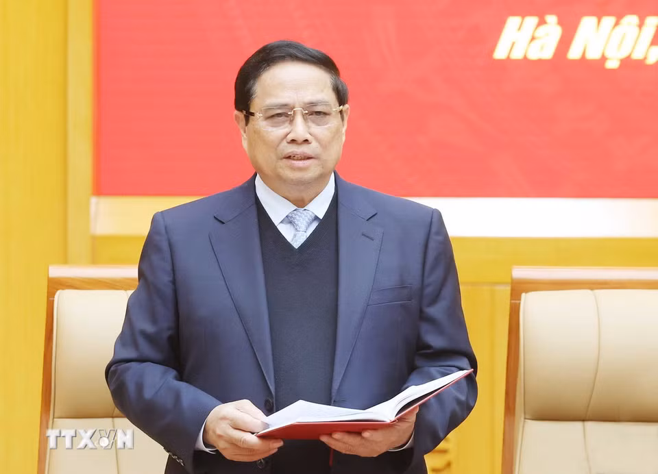 Đồng chí Phạm Minh Chính, Ủy viên Bộ Chính trị, Ủy viên Thường vụ Quân ủy Trung ương, Thủ tướng Chính phủ phát biểu. (Ảnh: Thống Nhất/TTXVN)