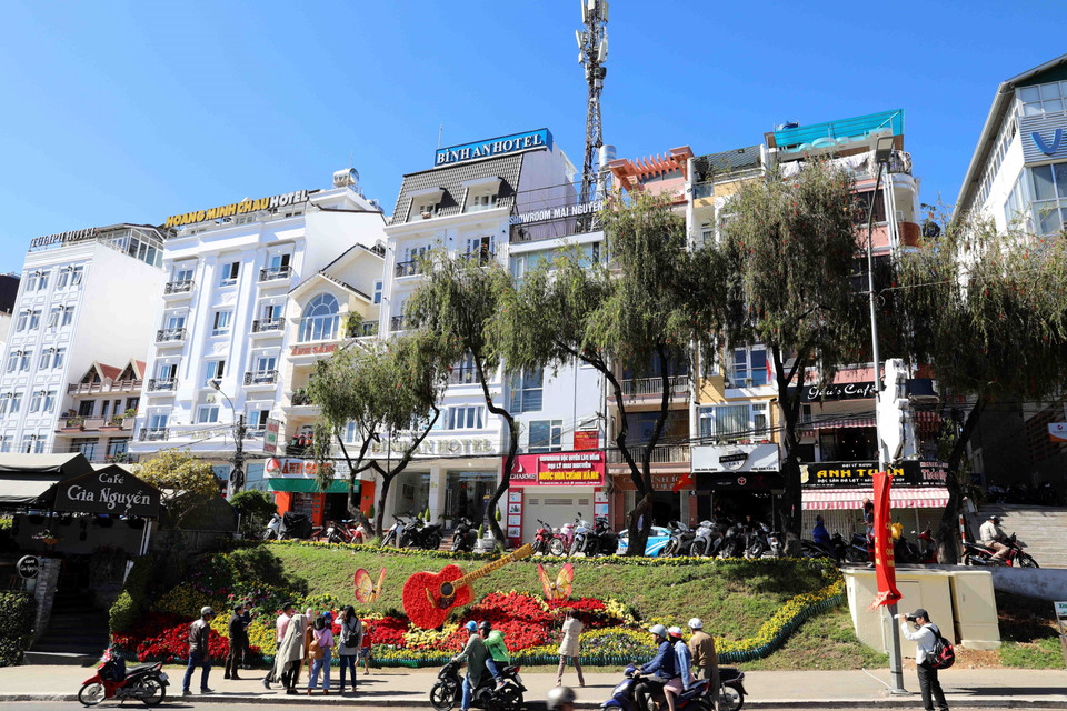 Không gian hoa dọc trục đường Lê Đại Hành (thành phố Đà Lạt) hấp dẫn du khách. (Ảnh: Nhật Anh/TTXVN)