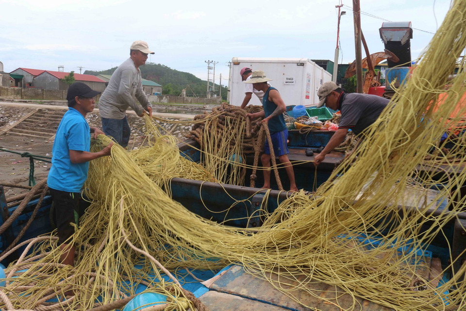Ngư dân chuẩn bị lưới ra khơi tại cảng Lạch Quèn, huyện Quỳnh Lưu. (Ảnh: Nguyễn Oanh/TTXVN)
