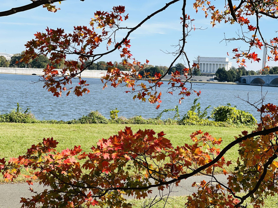 Đài tưởng niệm Lincoln ở thủ đô Washington, DC nhìn qua tán lá mùa Thu. (Ảnh: Đặng Huyền/TTXVN)