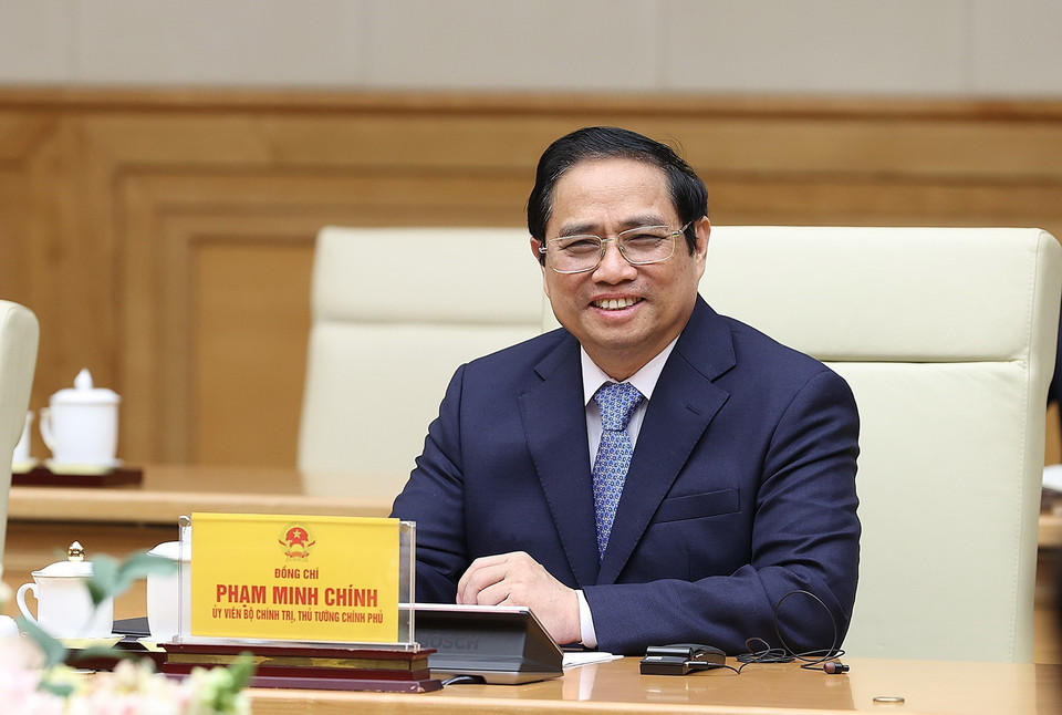 Thủ tướng Phạm Minh Chính phát biểu tại buổi tiếp Chủ tịch Hạ viện Cộng hòa Ấn Độ Om Birla. (Ảnh: Dương Giang/TTXVN)