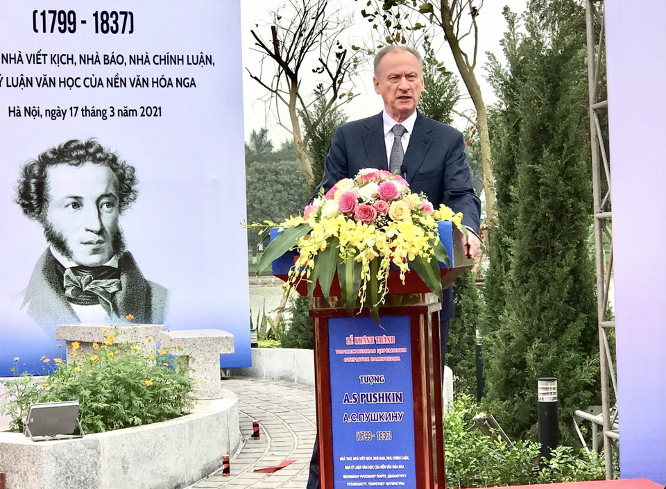 Thư ký Hội đồng An ninh Liên bang Nga Nikolai Platonovich Patrushev phát biểu tại lễ khánh thành. (Ảnh: Lê Hồng/TTXVN)