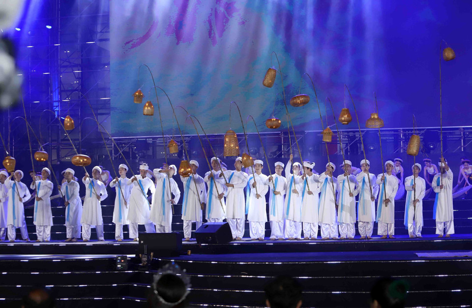 Một tiết mục nghệ thuật tại cuộc thi Hoa hậu Du lịch thế giới. (Ảnh: Hoàng Hùng/TTXVN)