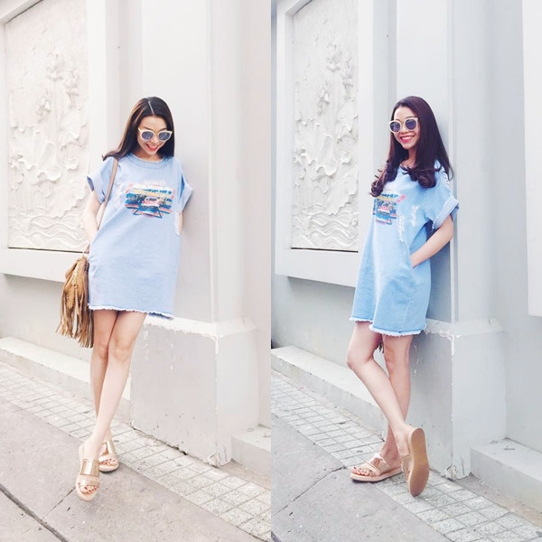  Trà Ngọc Hằng cũng chọn sandals quai ngang ánh kim phối cùng đầm suông xanh denim và túi tua rua mang cảm hứng phóng khoáng