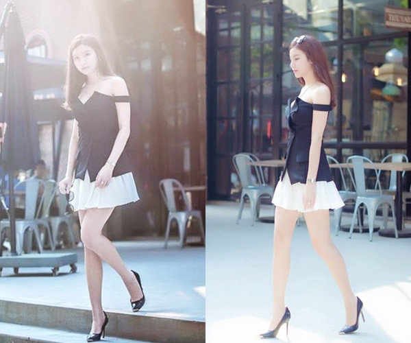  Hạnh Sino gợi cảm với đầm lộ vai trần với thiết kế hai màu đen-trắng bắt mắt