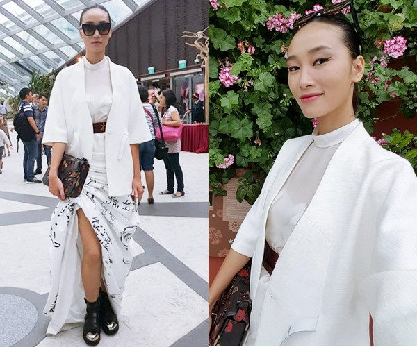 Là một trong những người mẫu kiêm tín đồ thời trang có phong cách riêng biệt, Trang Khiếu không ngần ngại thể nghiệm những sự kết hợp mới mẻ, táo bạo. Bộ cánh tuyền trắng mix cùng đôi boots da hầm hố tuần qua chính là ví dụ rõ nét cho sự cá tính của cô.