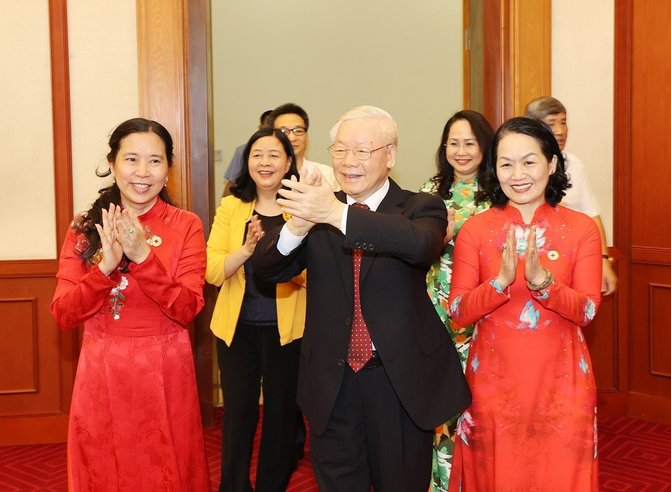 Tổng Bí thư Nguyễn Phú Trọng đến dự buổi gặp mặt. (Ảnh: Trí Dũng/TTXVN)