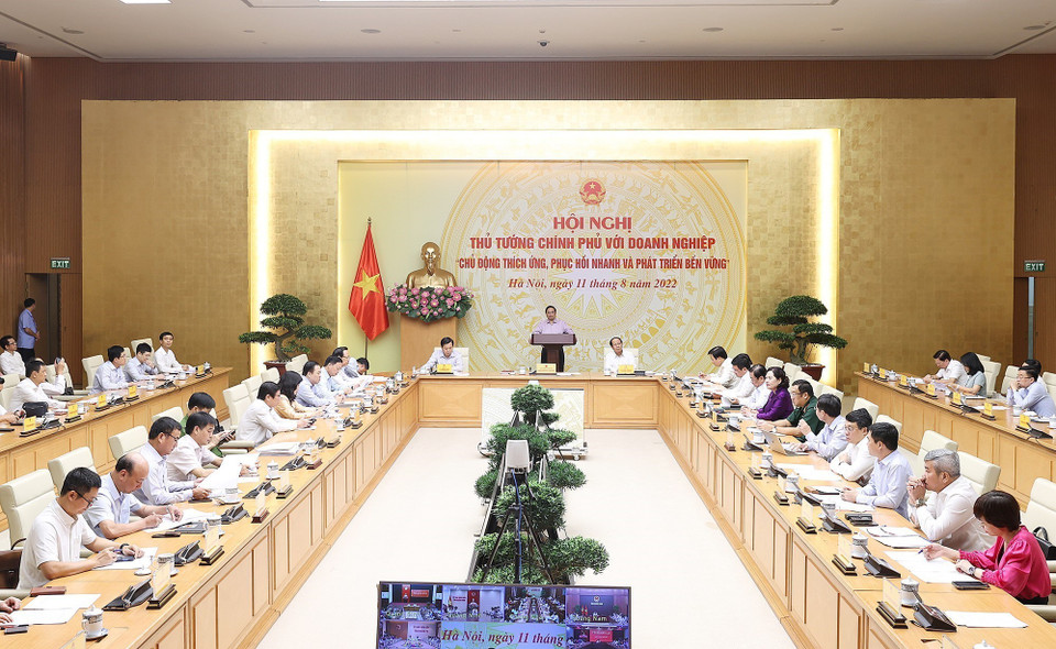 Toàn cảnh Hội nghị trực tuyến toàn quốc Thủ tướng Chính phủ với doanh nghiệp theo chủ đề “Chủ động thích ứng phục hồi nhanh và phát triển bền vững”. (Ảnh: Dương Giang/TTXVN)