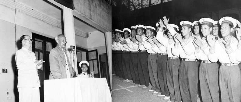  Chủ tịch Hồ Chí Minh đến thăm và nói chuyện với cán bộ, chiến sỹ bộ đội Hải quân (1965). (Ảnh: TTXVN)