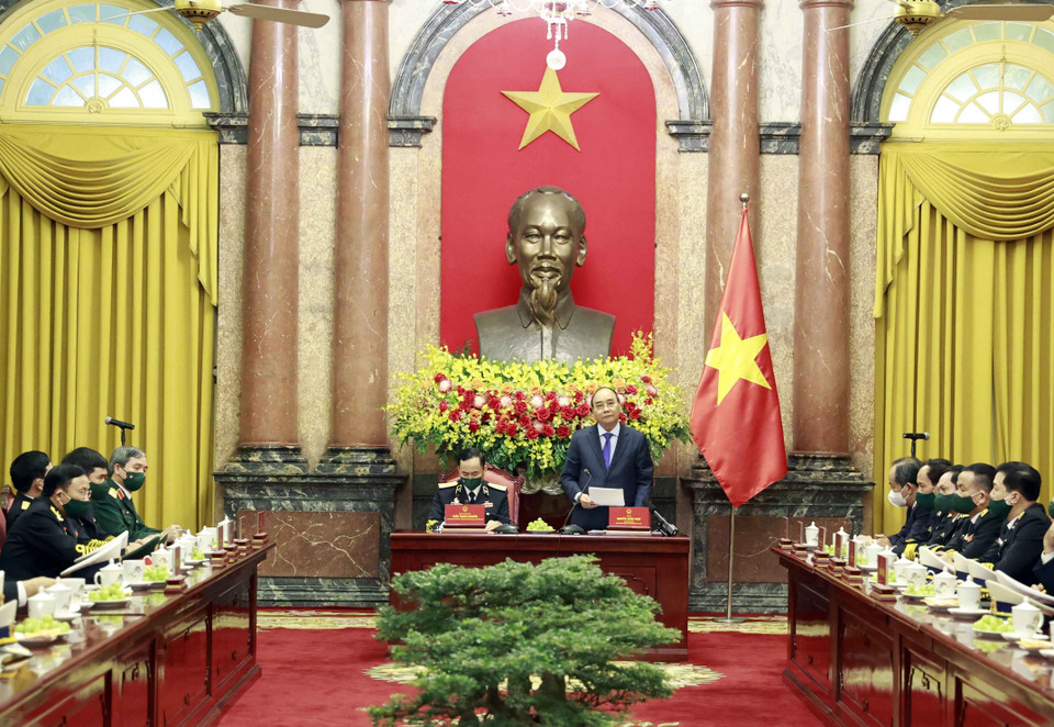 Chủ tịch nước Nguyễn Xuân Phúc phát biểu tại buổi gặp mặt. (Ảnh: Thống Nhất/TTXVN)