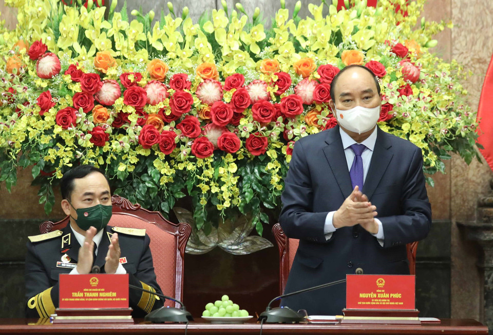 Chủ tịch nước Nguyễn Xuân Phúc phát biểu tại buổi gặp mặt.(Ảnh: Thống Nhất/TTXVN)