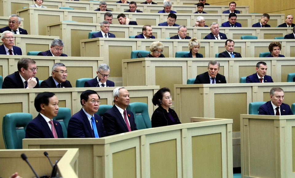 Chủ tịch Quốc hội Nguyễn Thị Kim Ngân phát biểu tại phiên họp toàn thể của Hội đồng Liên bang Nga. (Ảnh: Trọng Đức/TTXVN)