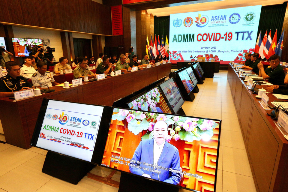 Cục Quân y (Tổng cục Hậu cần, Bộ Quốc phòng) tổ chức diễn tập trực tuyến cơ chế phòng, chống dịch COVID-19 giữa quân y các nước ASEAN (ADMM COVID-19), ngày 25/7/2020. (Ảnh: Dương Giang/TTXVN)