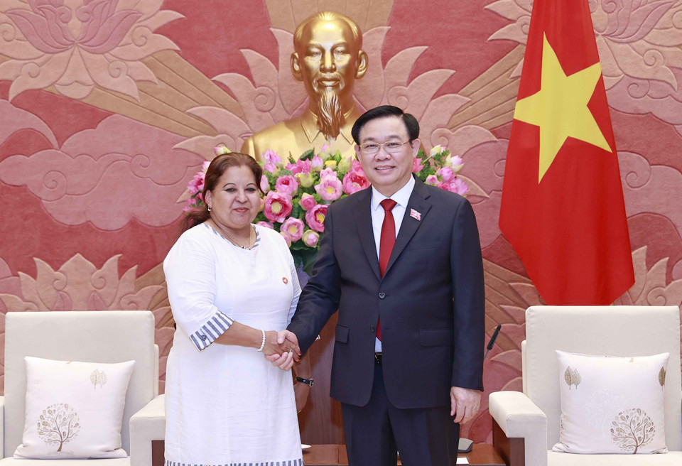 Chủ tịch Quốc hội Vương Đình Huệ tiếp Tổng Thư ký Hội Liên hiệp Phụ nữ Cuba Teresa Amarelle Boúe. (Ảnh: Doãn Tấn/TTXVN)