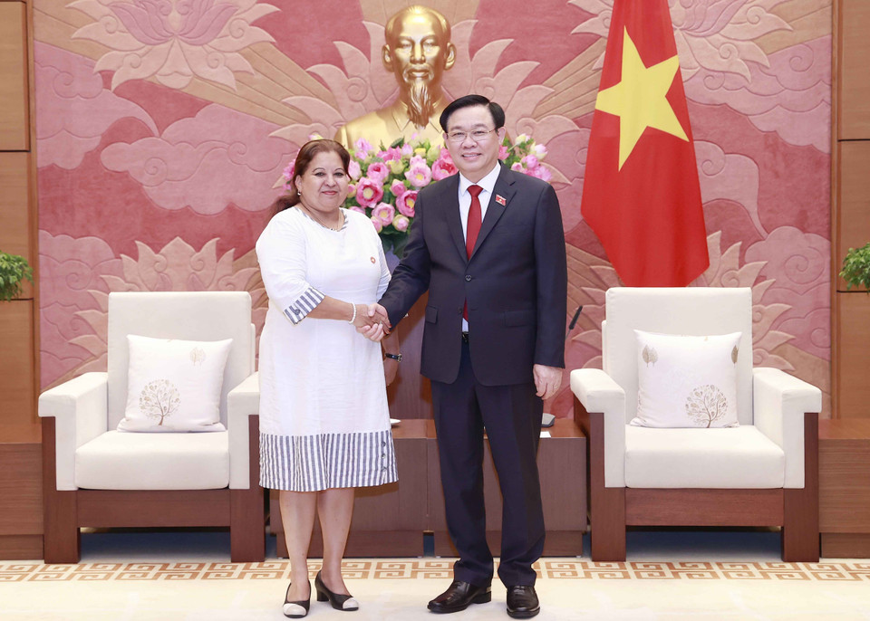 Chủ tịch Quốc hội Vương Đình Huệ và Tổng Thư ký Hội Liên hiệp Phụ nữ Cuba Teresa Amarelle Boúe. (Ảnh: Doãn Tấn/TTXVN)