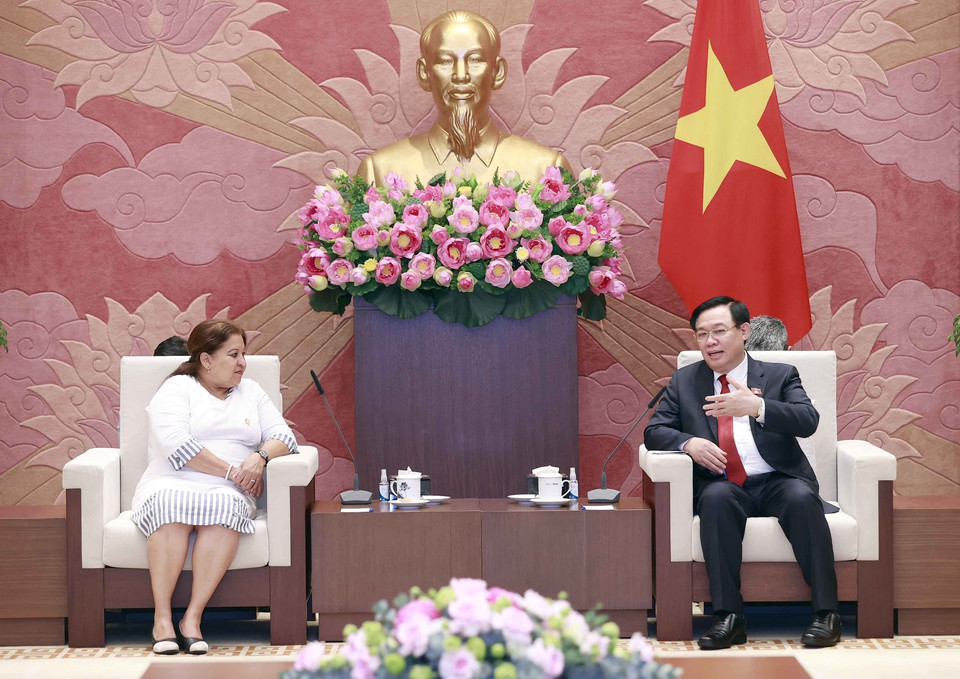 Chủ tịch Quốc hội Vương Đình Huệ tiếp Tổng Thư ký Hội Liên hiệp Phụ nữ Cuba Teresa Amarelle Boúe. (Ảnh: Doãn Tấn/TTXVN)