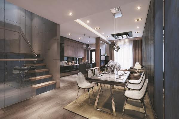 Phòng ăn và bếp liên thông với phòng khách.