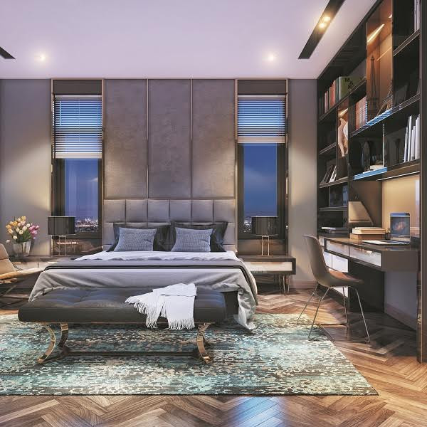 Với phòng ngủ tiêu chuẩn, gia chủ có thể chọn một giá sách lớn ôm trọn bàn làm việc. Căn phòng trông trở nên sinh động hơn mà không mất đi sự thanh bình, thoải mái.