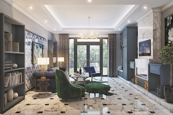 Với căn biệt thự Botanica, gia chủ có thể lựa chọn bài trí không gian bên trong theo phong cách tân cổ điển với ba nét chính: Sang trọng – Đơn giản - Ấm áp. Sự góp mặt của những nội thất mang phong cách châu Âu như sofa bọc nhung có màu sắc trang nhã, giá sách cao rộng, tủ chứa đồ thông minh sẽ khiến cho căn phòng khách có sự sang trọng tuyệt đối. 