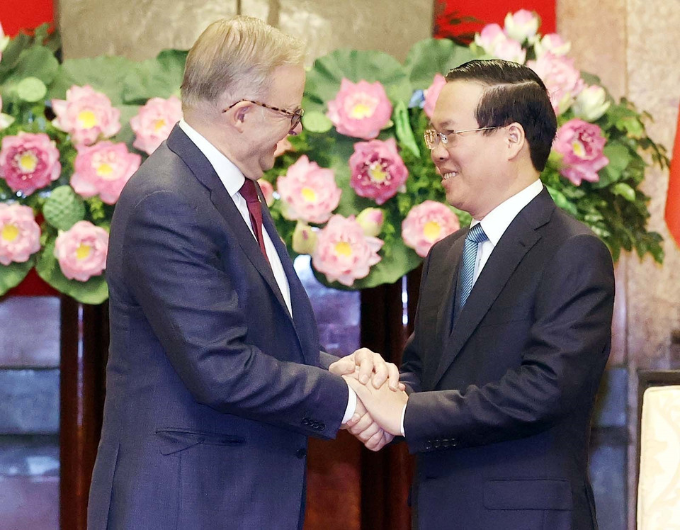 Chủ tịch nước Võ Văn Thưởng và Thủ tướng Australia Anthony Albanese. (Ảnh: Thống Nhất/TTXVN)