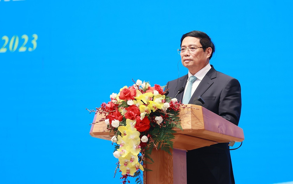 Thủ tướng Phạm Minh Chính phát biểu tại buổi gặp gỡ báo chí hai nước Việt Nam-Australia. (Ảnh: Dương Giang/TTXVN)