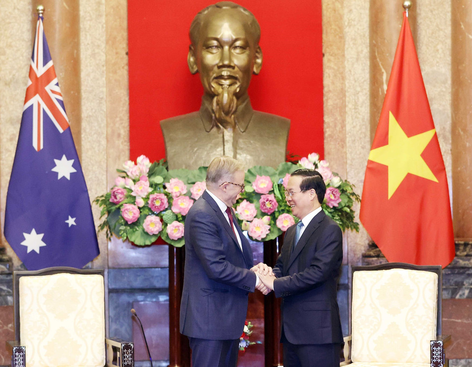 Chủ tịch nước Võ Văn Thưởng và Thủ tướng Australia Anthony Albanese. (Ảnh: Thống Nhất/TTXVN)