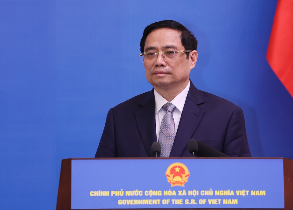 Thủ tướng Phạm Minh Chính phát biểu tại Lễ trao tặng gạo cho Đảng, Nhà nước và nhân dân Cuba. (Ảnh: Dương Giang/TTXVN)