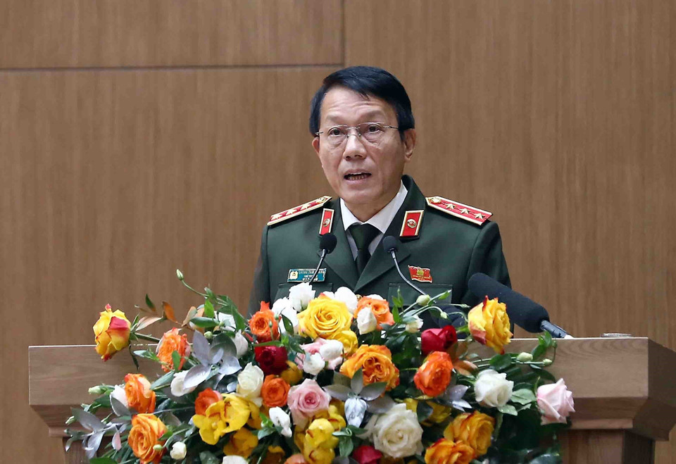 Thượng tướng Lương Tam Quang, Ủy viên Trung ương Đảng, Thứ trưởng Bộ Công an phát biểu. (Ảnh: Phạm Kiên/TTXVN)