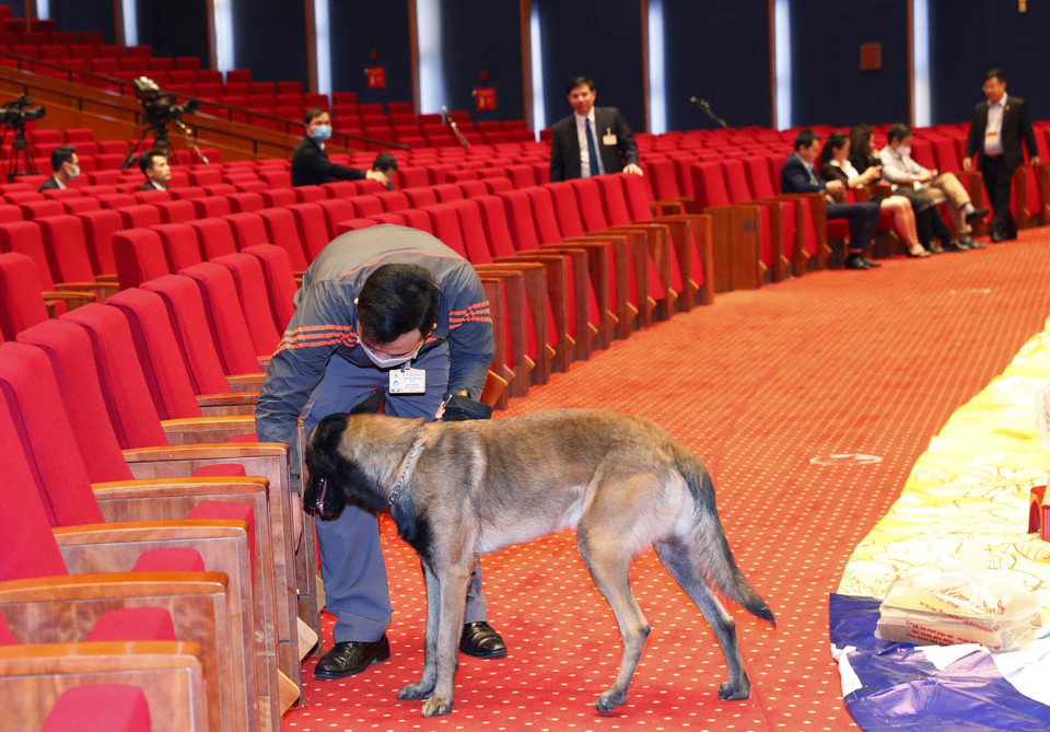 Lực lượng an ninh điều chó nghiệp vụ tham gia kiểm tra, đảm bảo an ninh cho Đại hội. (Nguồn: TTXVN)