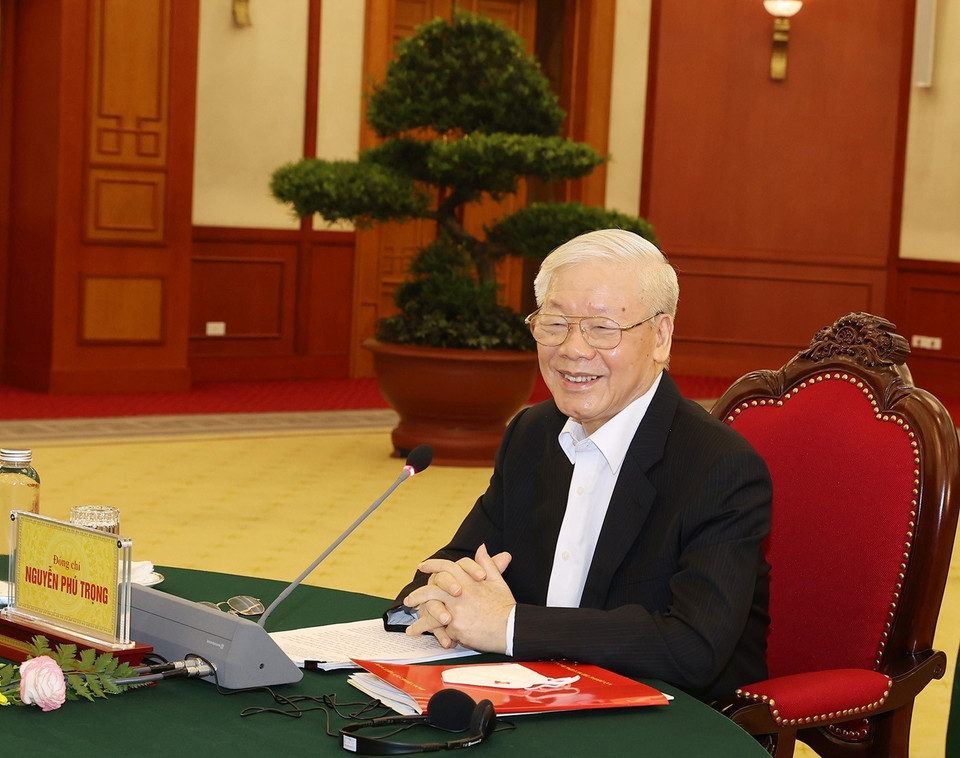 Hình ảnh Tổng Bí thư Nguyễn Phú Trọng phát biểu tại cuộc gặp. (Ảnh: Trí Dũng/TTXVN)