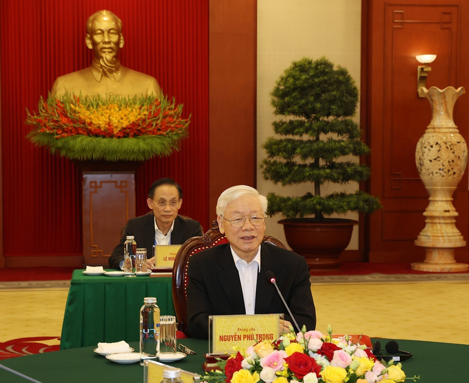 Tổng Bí thư Nguyễn Phú Trọng phát biểu tại cuộc gặp. (Ảnh: Trí Dũng/TTXVN)