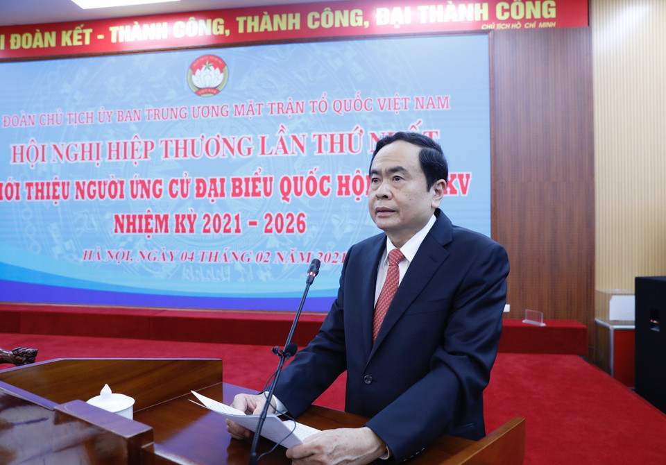Chủ tịch Ủy ban Trung ương Mặt trận Tổ quốc Việt Nam Trần Thanh Mẫn phát biểu khai mạc hội nghị. (Ảnh: Dương Giang/TTXVN)