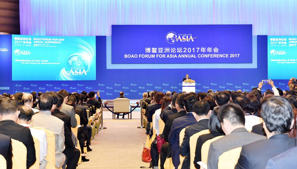 Tổng Thư ký Diễn đàn châu Á Bác Ngao Chu Văn Trọng phát biểu khai mạc Diễn đàn (Ảnh: Vĩnh Hà-Trung Kiên/Vietnam+)