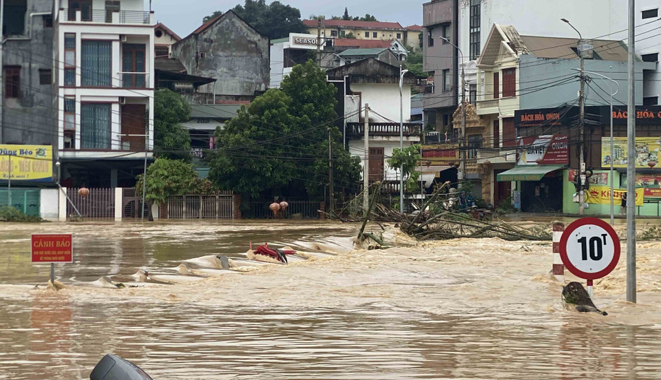 Cầu ngầm Sông Hiến ngập trong nước, rất nhiều cây gỗ mắc lại bên thành cầu. (Ảnh: TTXVN phát)