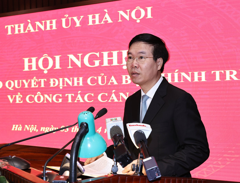 Ông Võ Văn Thưởng, Ủy viên Bộ Chính trị, Thường trực Ban Bí thư phát biểu tại hội nghị.(Ảnh: Trọng Đức/TTXVN)