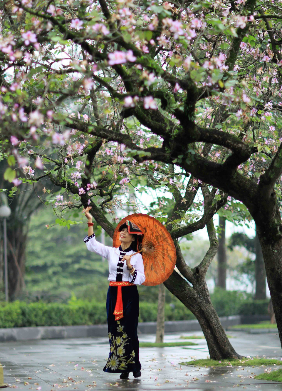 Lựa chọn trang phục dân tộc để lưu lại mùa ban ở Hà Nội. (Ảnh: Nhật Anh/TTXVN)