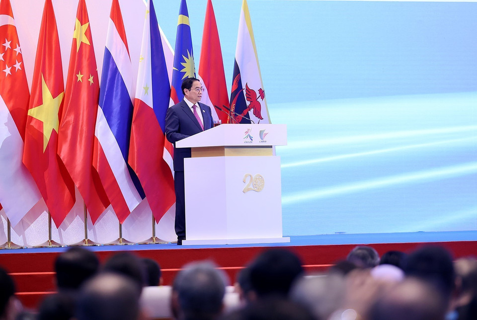 Thủ tướng Phạm Minh Chính phát biểu tại Lễ khai mạc CAEXPO và CABIS lần thứ 20. (Ảnh: Dương Giang/TTXVN)