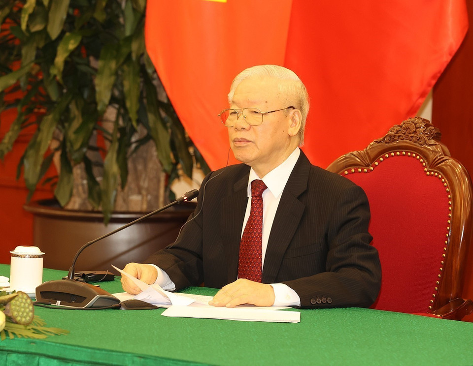 Tổng Bí thư Nguyễn Phú Trọng hội đàm trực tuyến. (Ảnh: Trí Dũng/TTXVN)