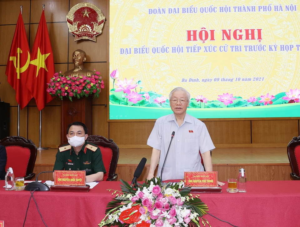 Tổng Bí thư Nguyễn Phú Trọng phát biểu tại hội nghị tiếp xúc cử tri trực tuyến (Ảnh: Trí Dũng/TTXVN)