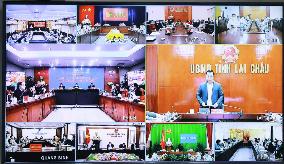 Chủ tịch UBND tỉnh Lai Châu Trần Tiến Dũng phát biểu trực tuyến tại điểm cầu địa phương. (Ảnh: Vũ Sinh/TTXVN)